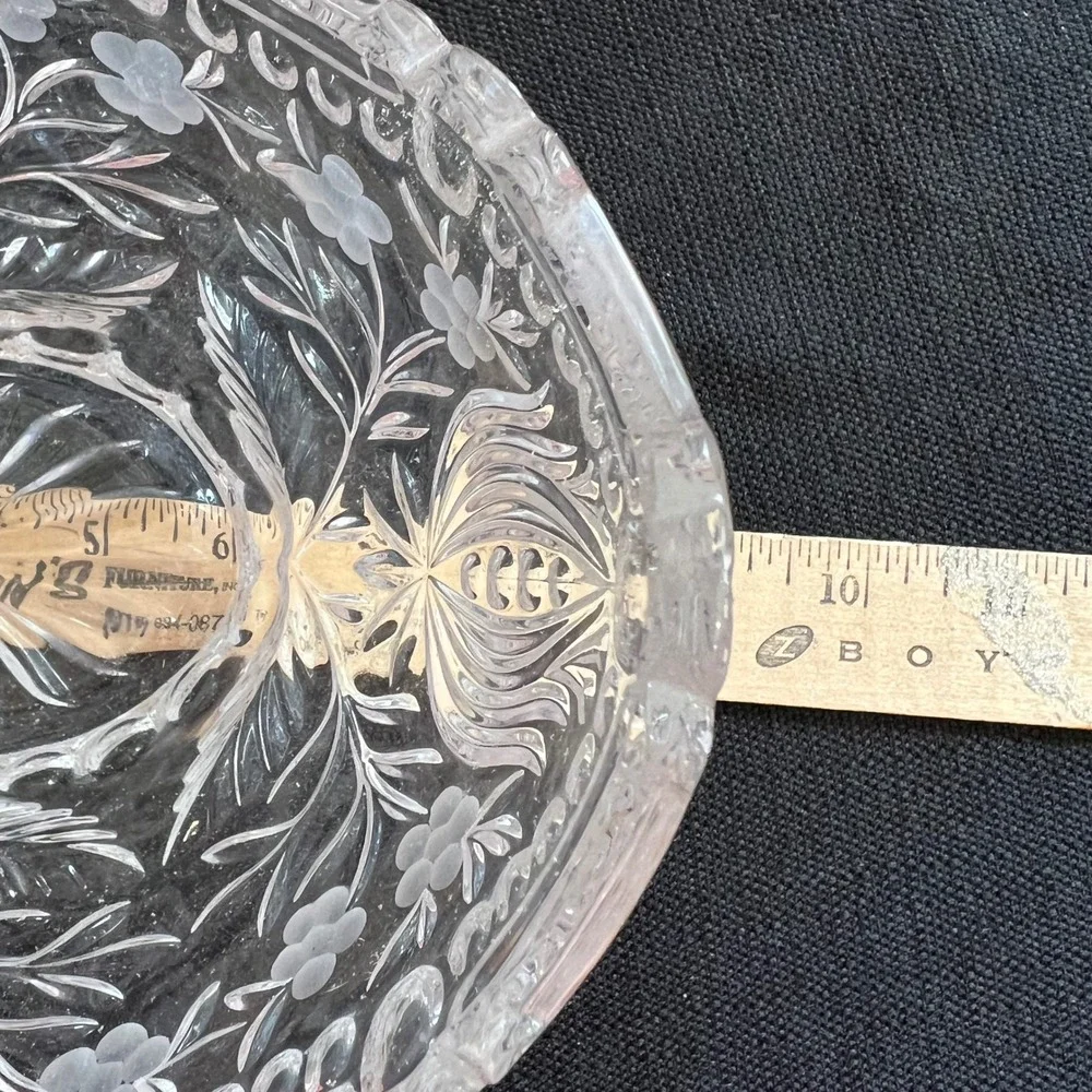 Vintage Clear Etched Crystal Glass Basket Floral Leaf Pattern Applied Handle